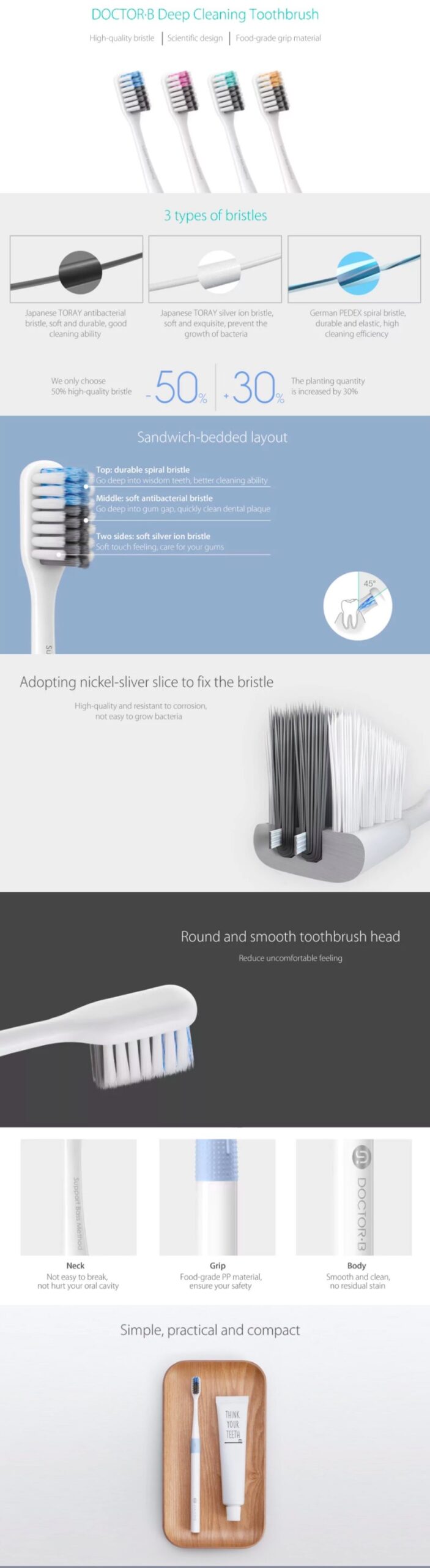 Xiaomi Doctor Bei Bass Method Toothbrush Award winning minimalist design Three carefully selected filament materials for soft/hard brush 30% higher filament density Bacteria-resistant nickel-silver plate Travel case included