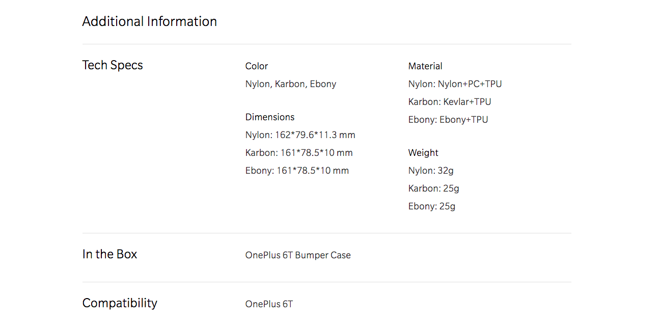 OnePlus 6T Bumper Case Karbon Nylon ebony specs